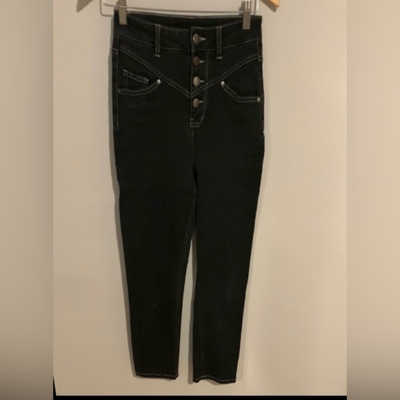 Black button front  straight leg jeans with top stitching - Picture 4 of 10